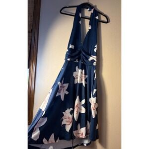 HUHOT Navy Blue Pink Lily Floral Halter Neck Ruched Waist Pocket Dress Large